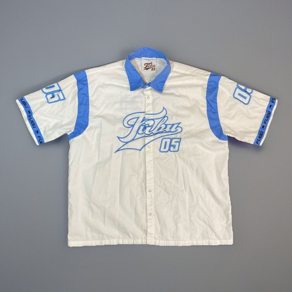 FUBU Forever 21 Button Short Sleeve Streetwear Shirt White Blue XL